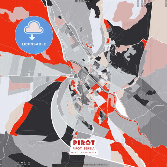 Pirot, Pirot, Serbia - modern street map poster template with gray and red tones