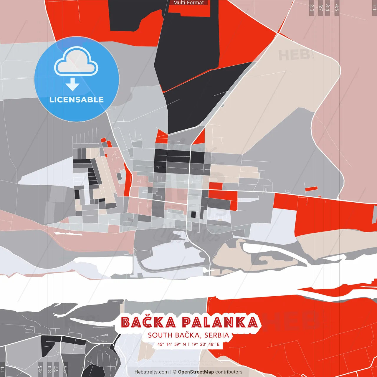 Bačka Palanka, South Bačka, Serbia - modern street map poster template with gray and red tones