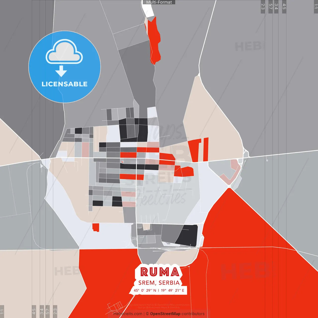 Ruma, Srem, Serbia - modern street map poster template with gray and red tones