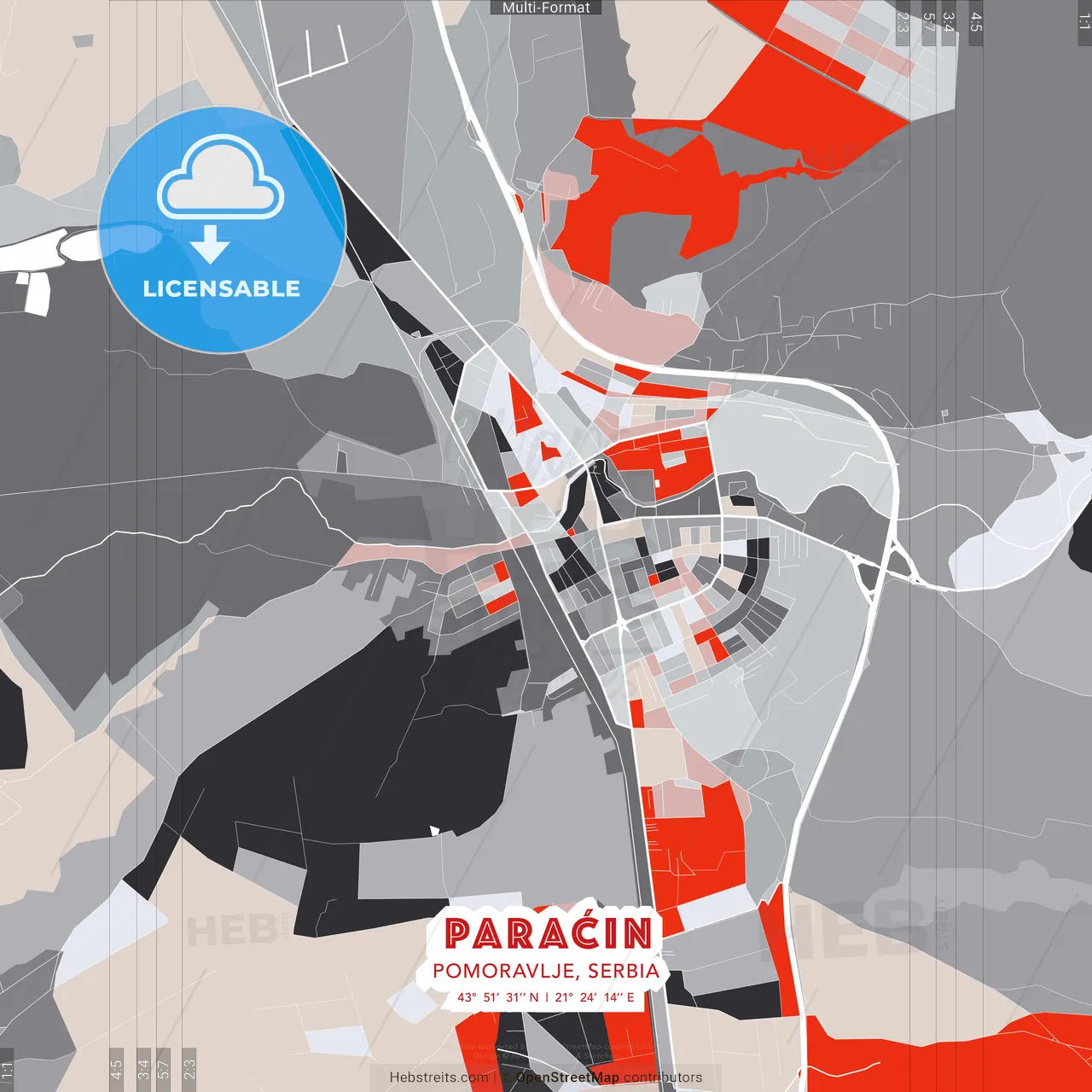 Paraćin, Pomoravlje, Serbia - modern street map poster template with gray and red tones