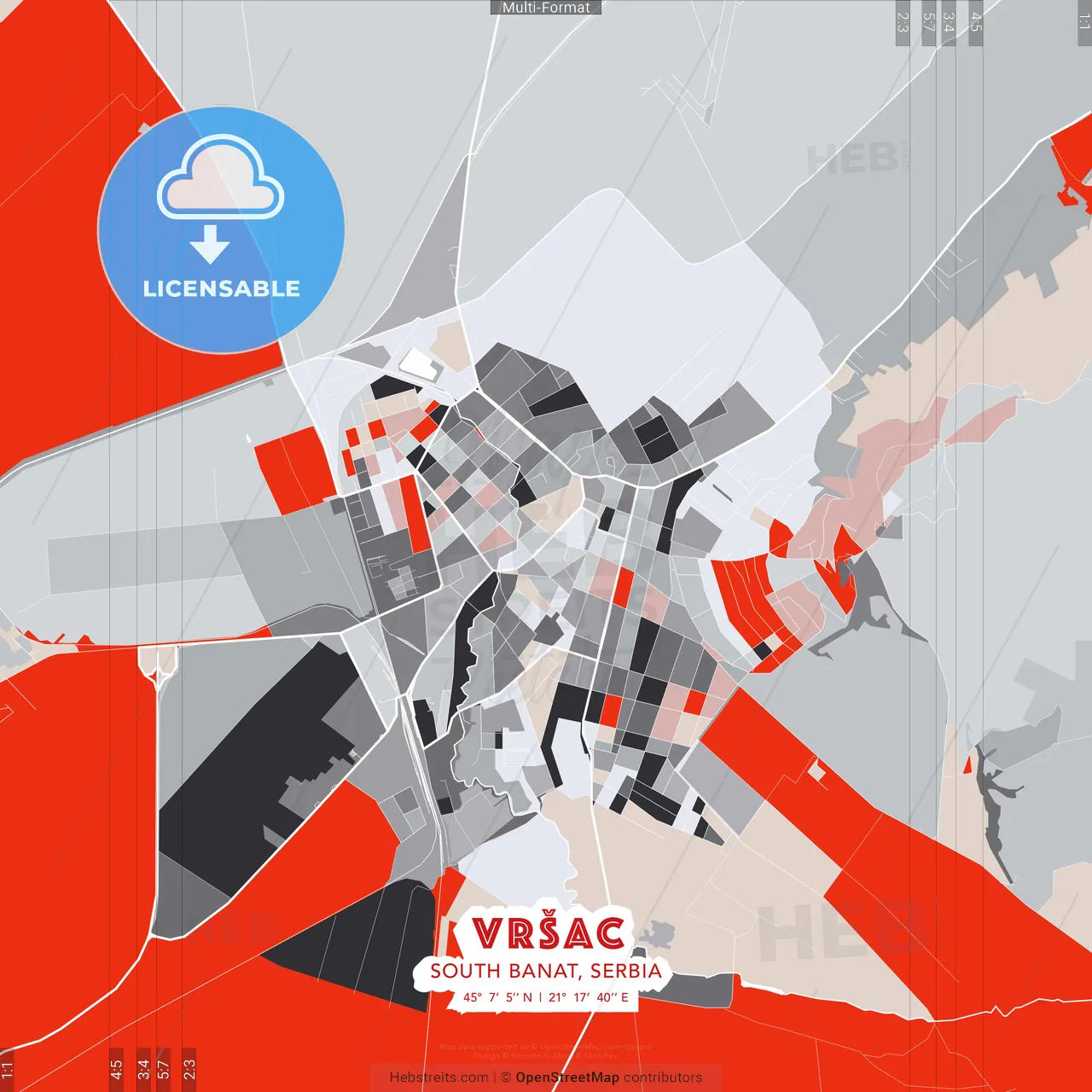 Vršac, South Banat, Serbia - modern street map poster template with gray and red tones