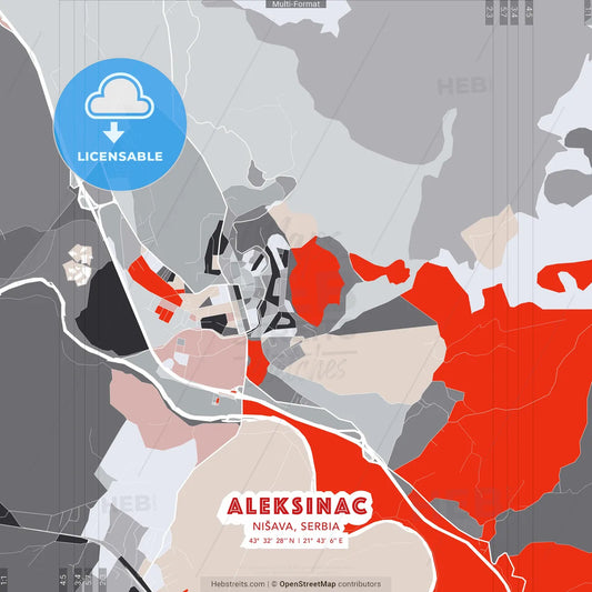 Aleksinac, Nišava, Serbia - modern street map poster template with gray and red tones