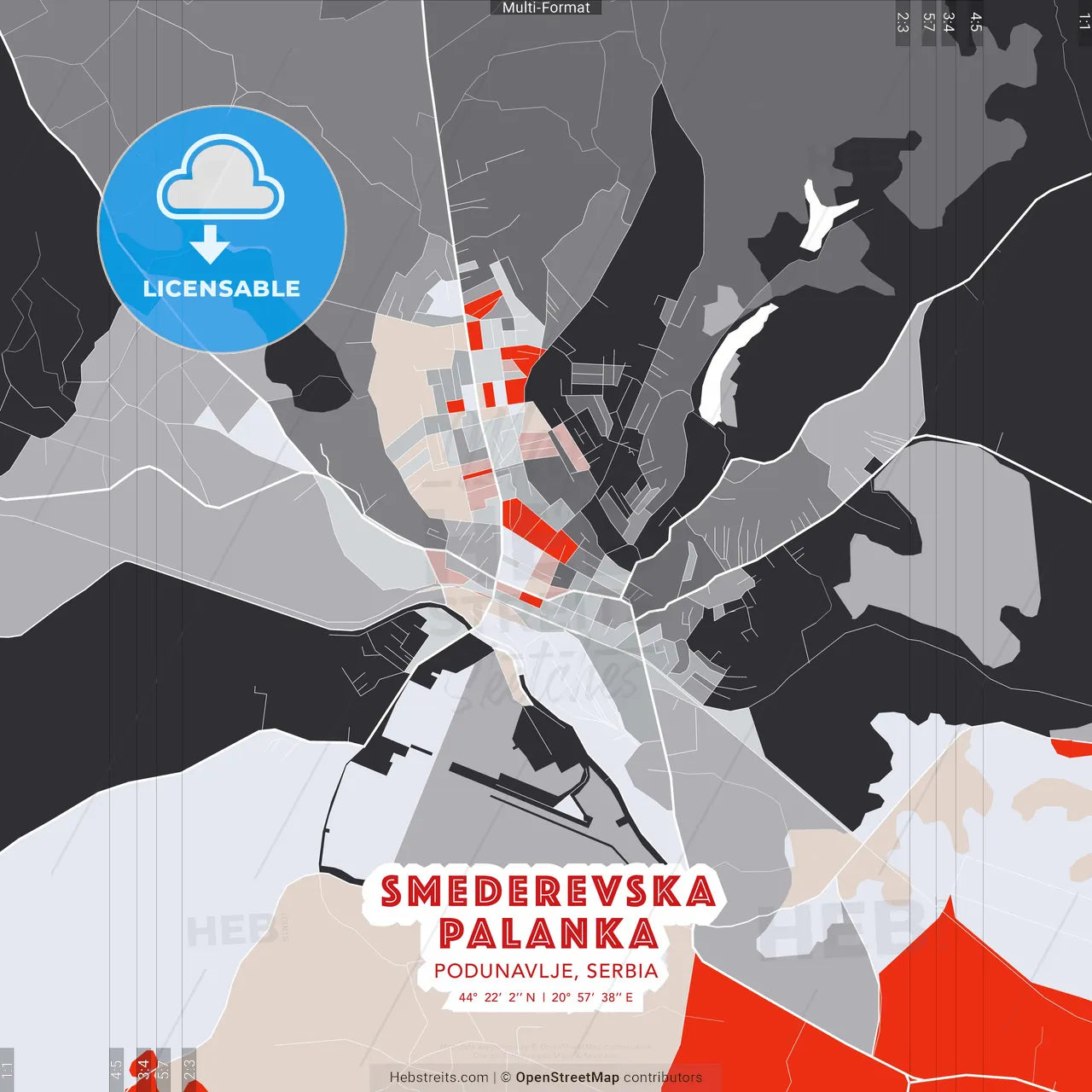 Smederevska Palanka, Podunavlje, Serbia - modern street map poster template with gray and red tones