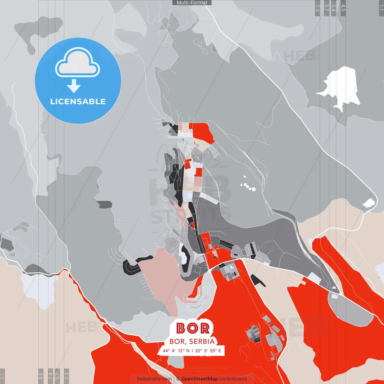 Bor, Bor, Serbia - modern street map poster template with gray and red tones
