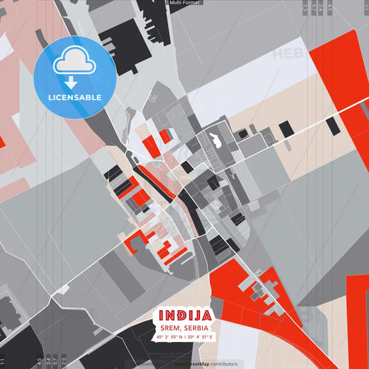 Inđija, Srem, Serbia - modern street map poster template with gray and red tones