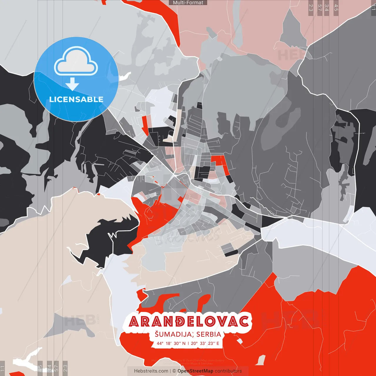 Aranđelovac, Šumadija, Serbia - modern street map poster template with gray and red tones