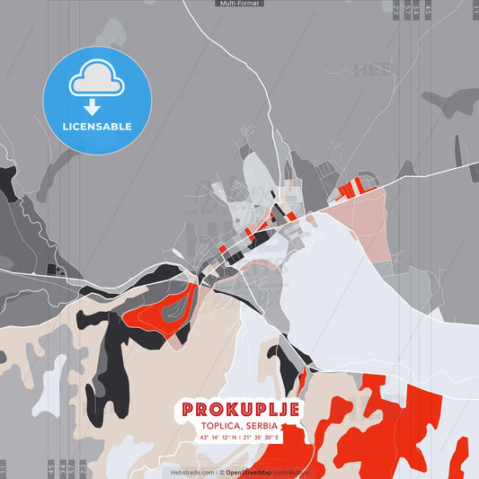 Prokuplje, Toplica, Serbia - modern street map poster template with gray and red tones