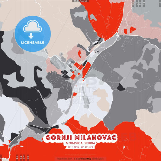 Gornji Milanovac, Moravica, Serbia - modern street map poster template with gray and red tones