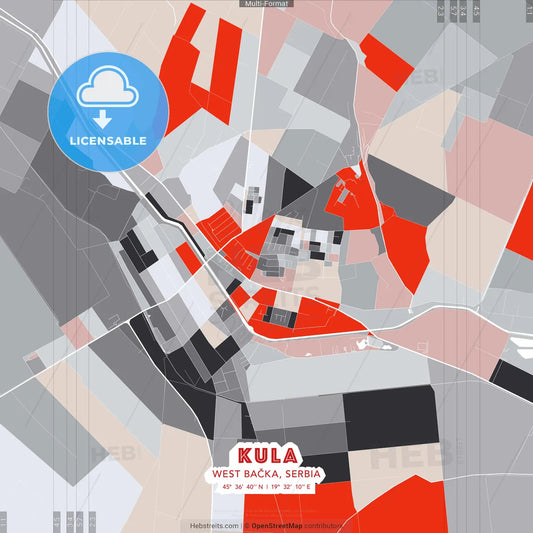Kula, West Bačka, Serbia - modern street map poster template with gray and red tones