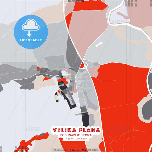 Velika Plana, Podunavlje, Serbia - modern street map poster template with gray and red tones