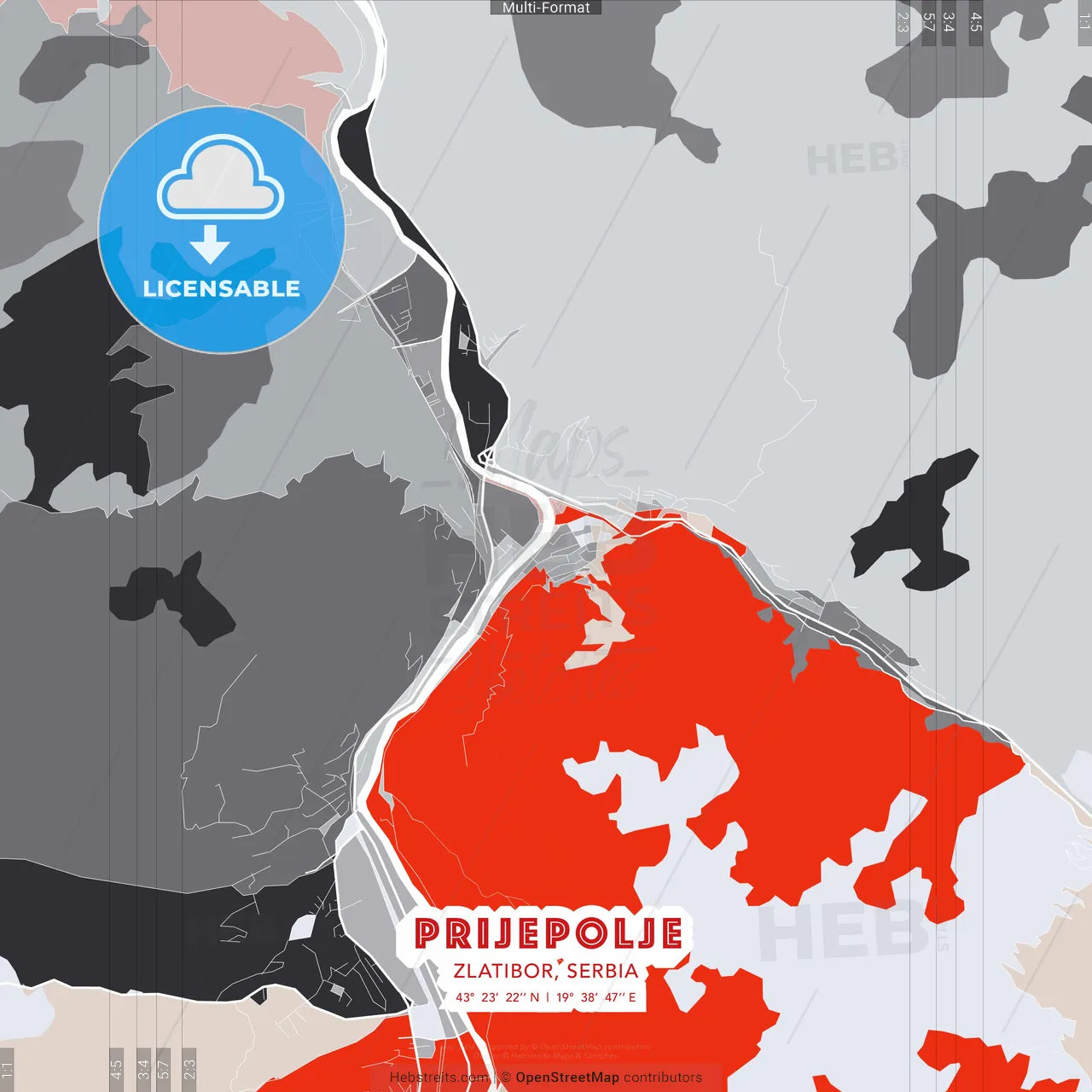 Prijepolje, Zlatibor, Serbia - modern street map poster template with gray and red tones