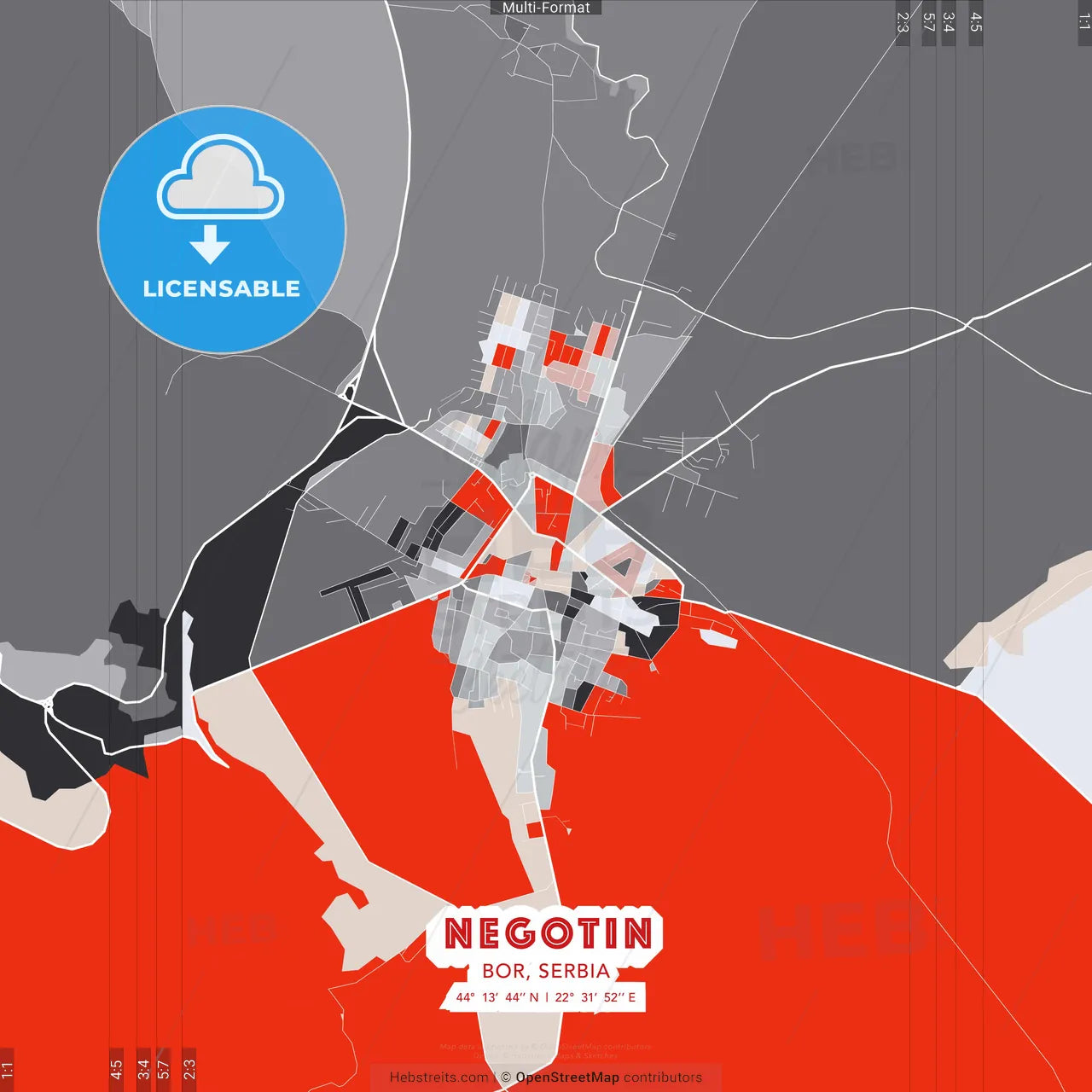 Negotin, Bor, Serbia - modern street map poster template with gray and red tones