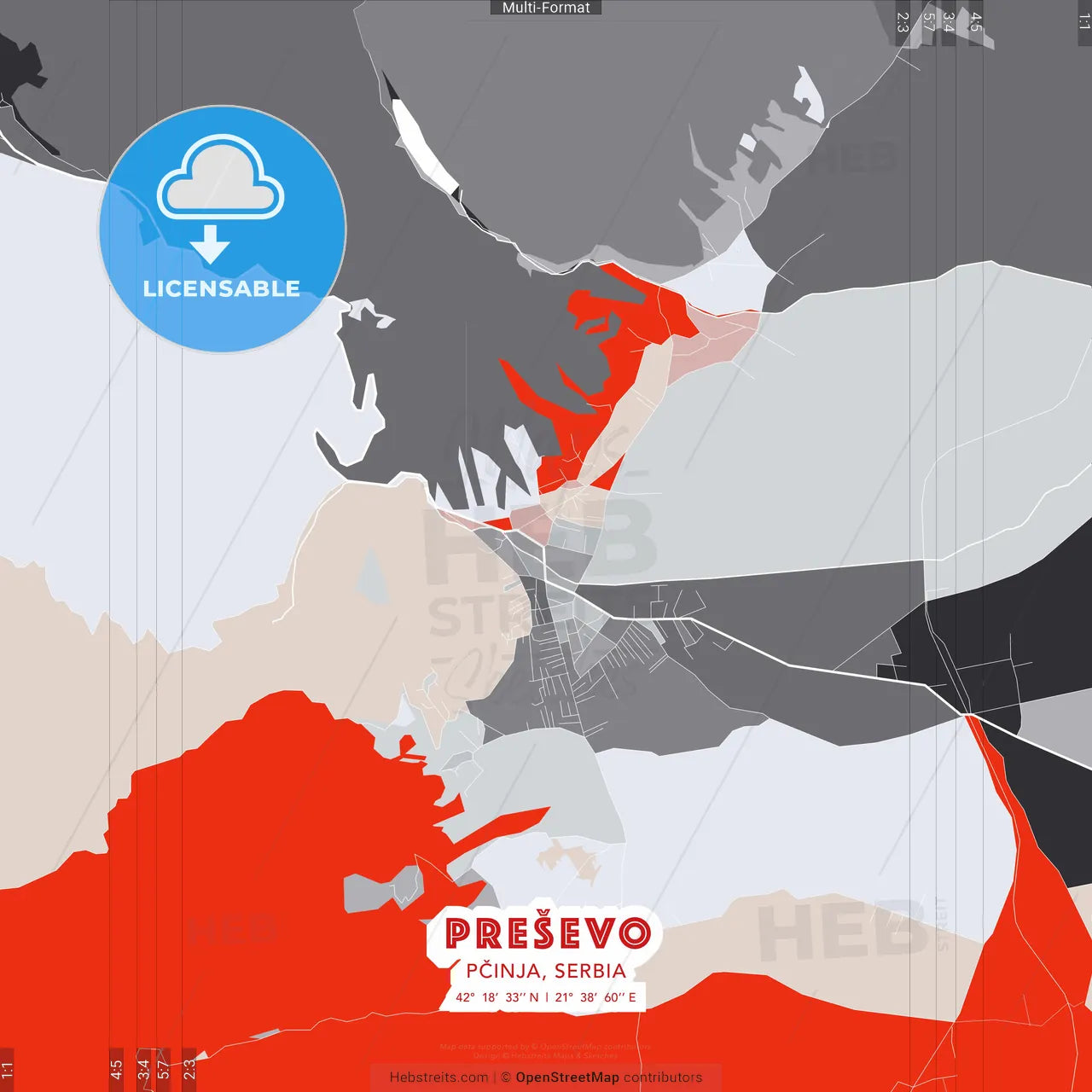 Preševo, Pčinja, Serbia - modern street map poster template with gray and red tones