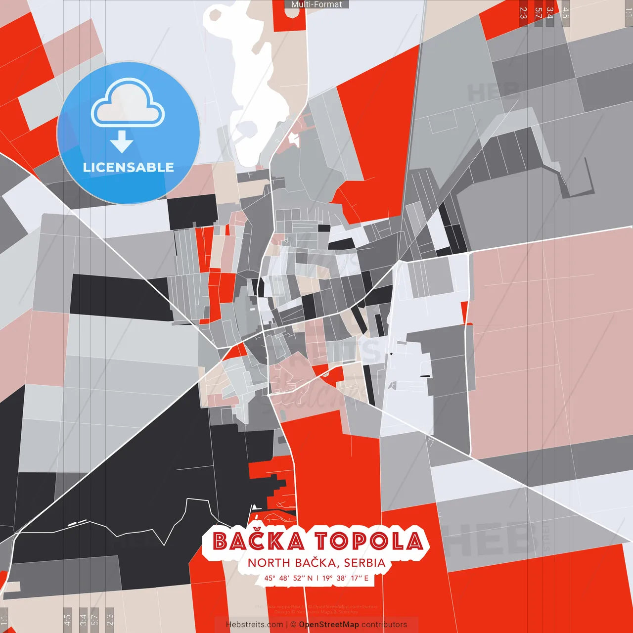 Bačka Topola, North Bačka, Serbia - modern street map poster template with gray and red tones
