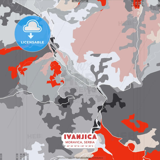 Ivanjica, Moravica, Serbia - modern street map poster template with gray and red tones