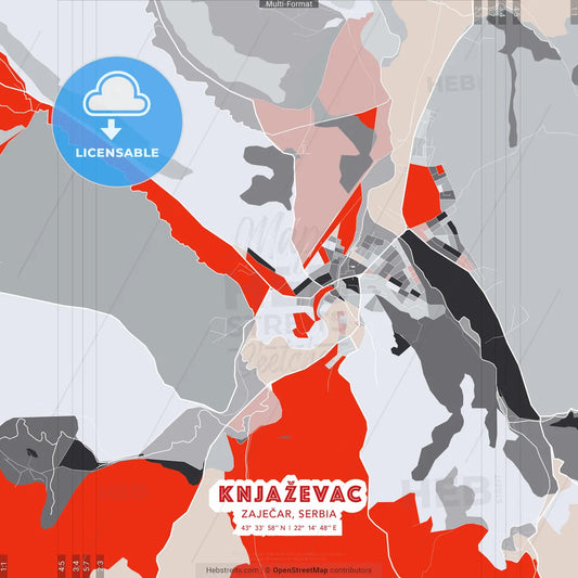 Knjaževac, Zaječar, Serbia - modern street map poster template with gray and red tones
