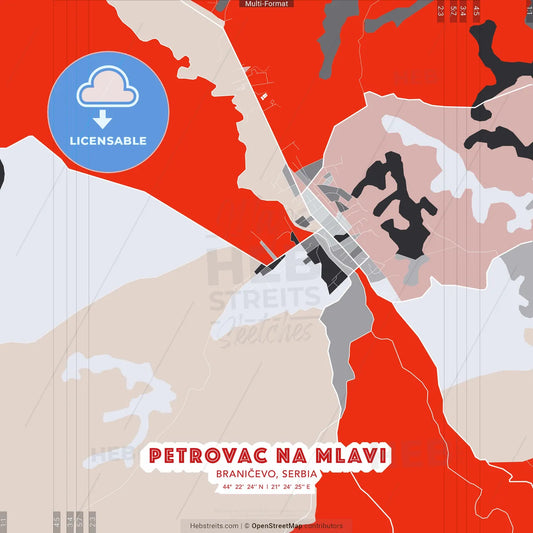 Petrovac na Mlavi, Braničevo, Serbia - modern street map poster template with gray and red tones