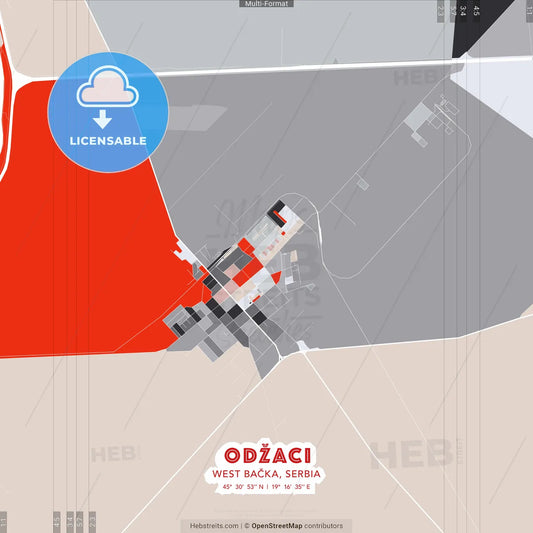 Odžaci, West Bačka, Serbia - modern street map poster template with gray and red tones