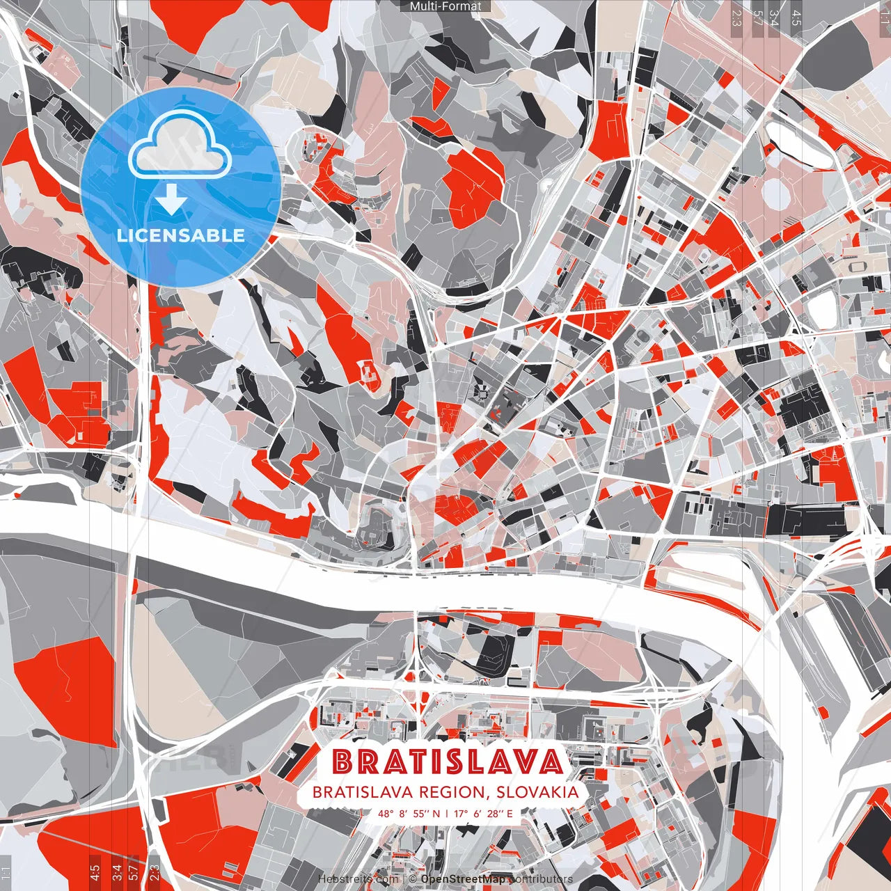Bratislava, Bratislava Region, Slovakia - modern street map poster template with gray and red tones