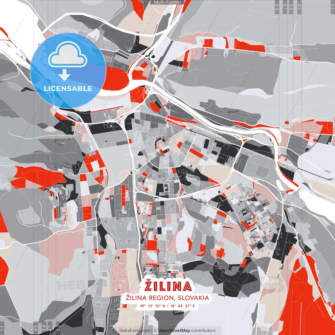 Žilina, Žilina Region, Slovakia - modern street map poster template with gray and red tones