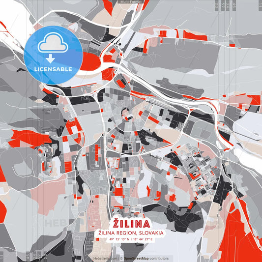 Žilina, Žilina Region, Slovakia - modern street map poster template with gray and red tones