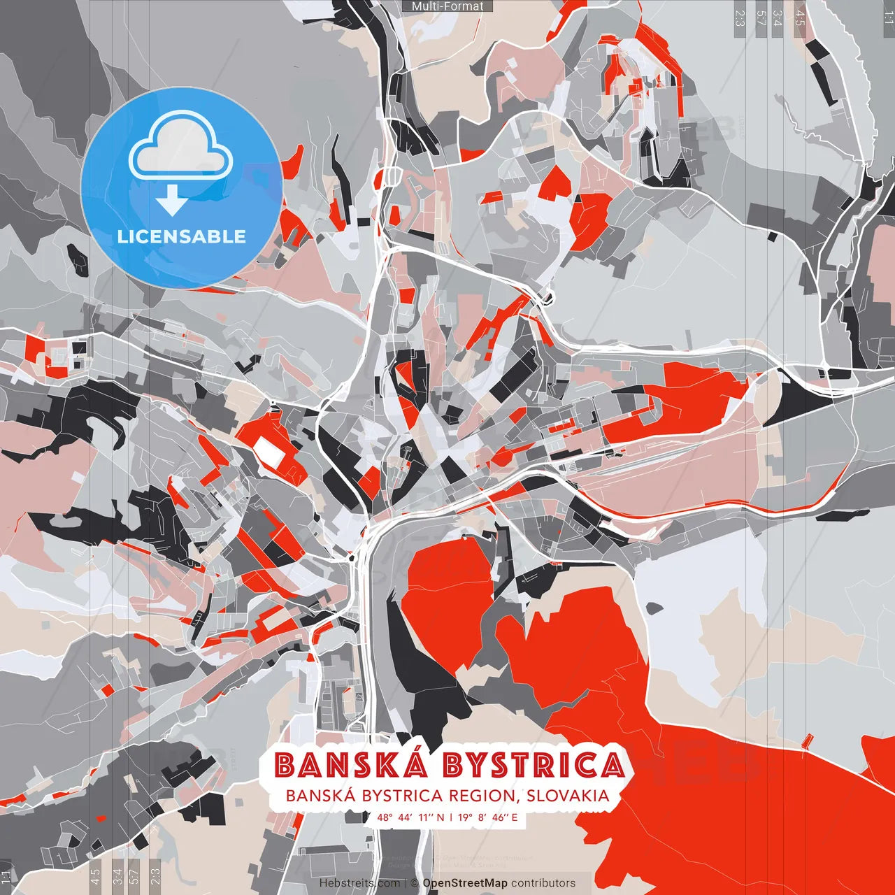 Banská Bystrica, Banská Bystrica Region, Slovakia - modern street map poster template with gray and red tones