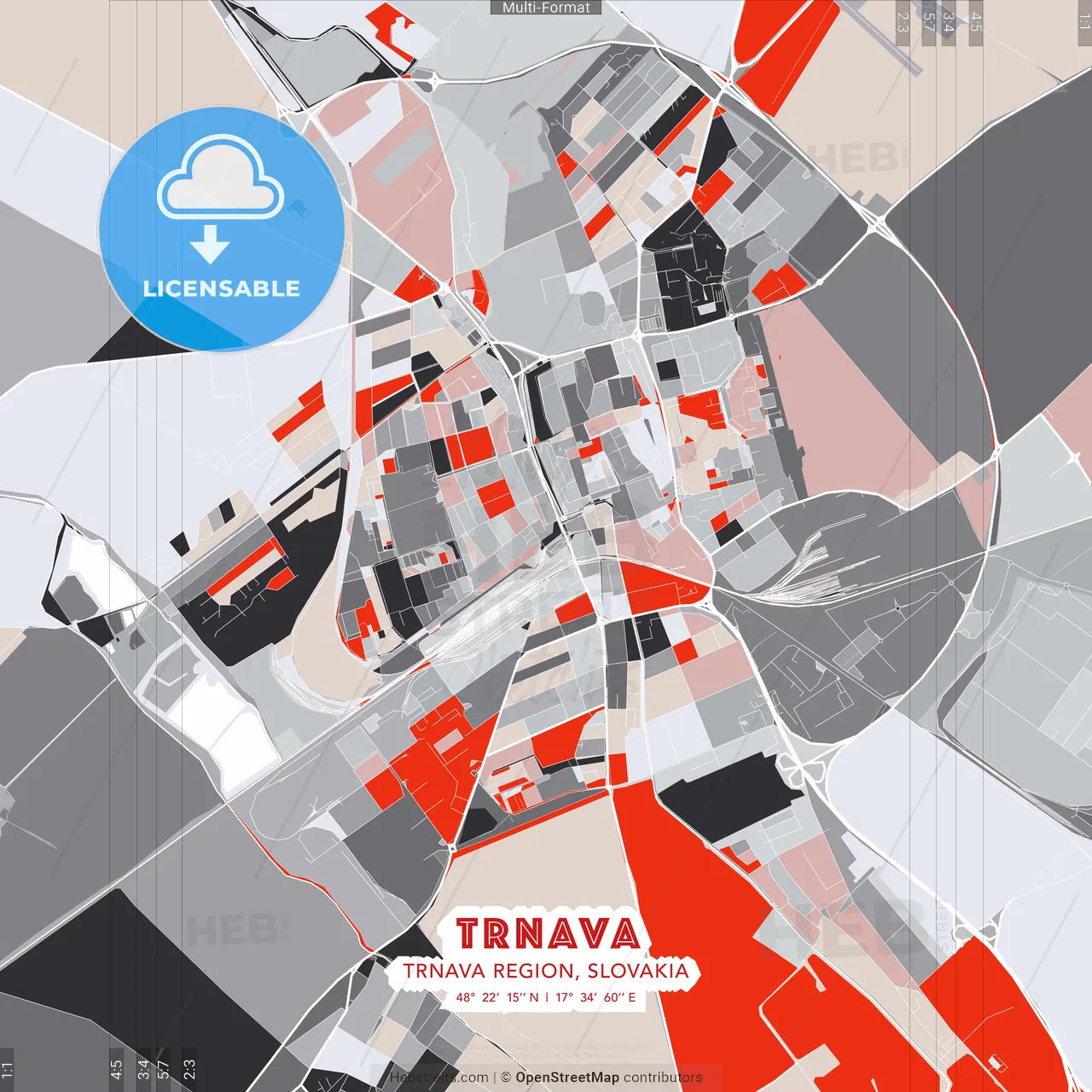 Trnava, Trnava Region, Slovakia - modern street map poster template with gray and red tones