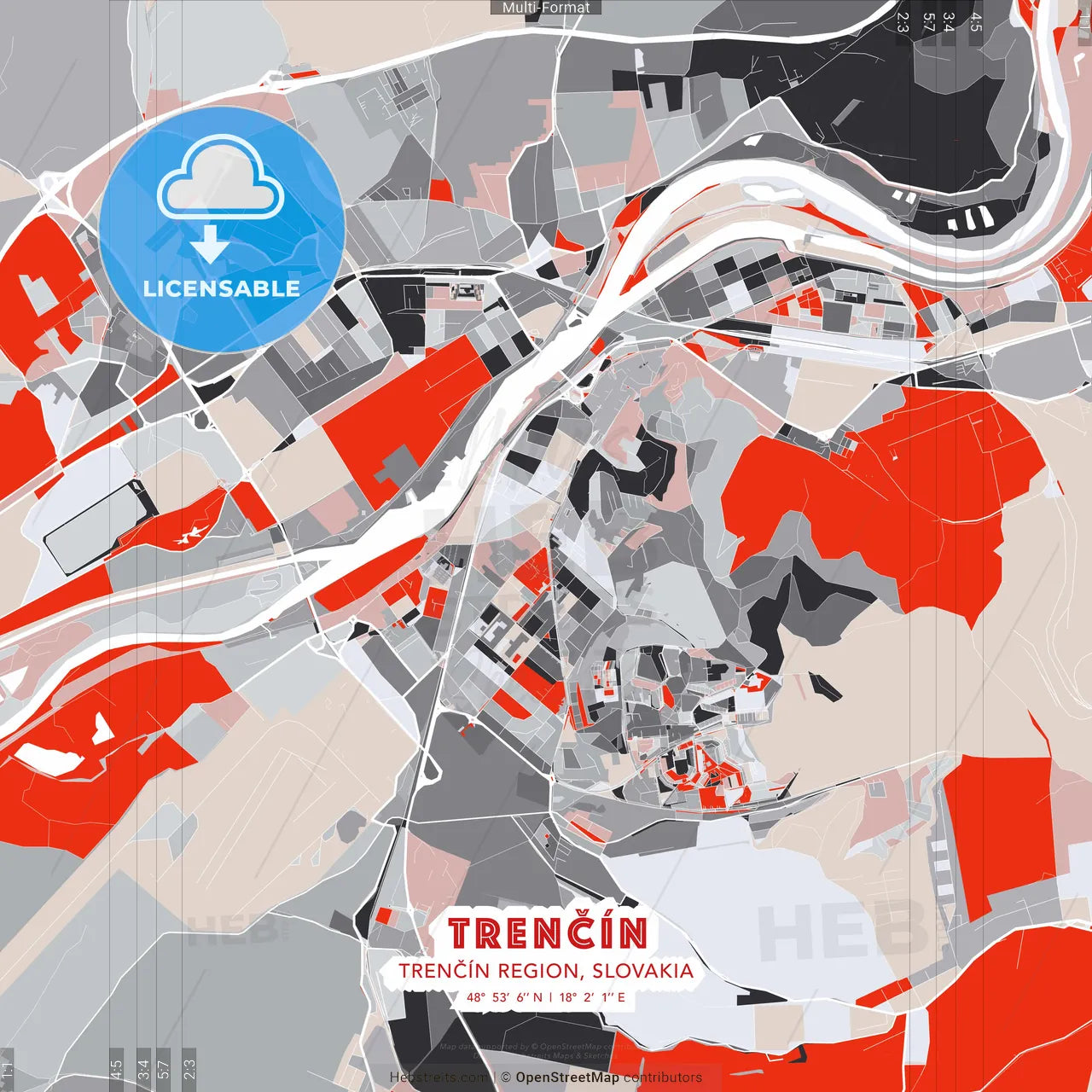 Trenčín, Trenčín Region, Slovakia - modern street map poster template with gray and red tones