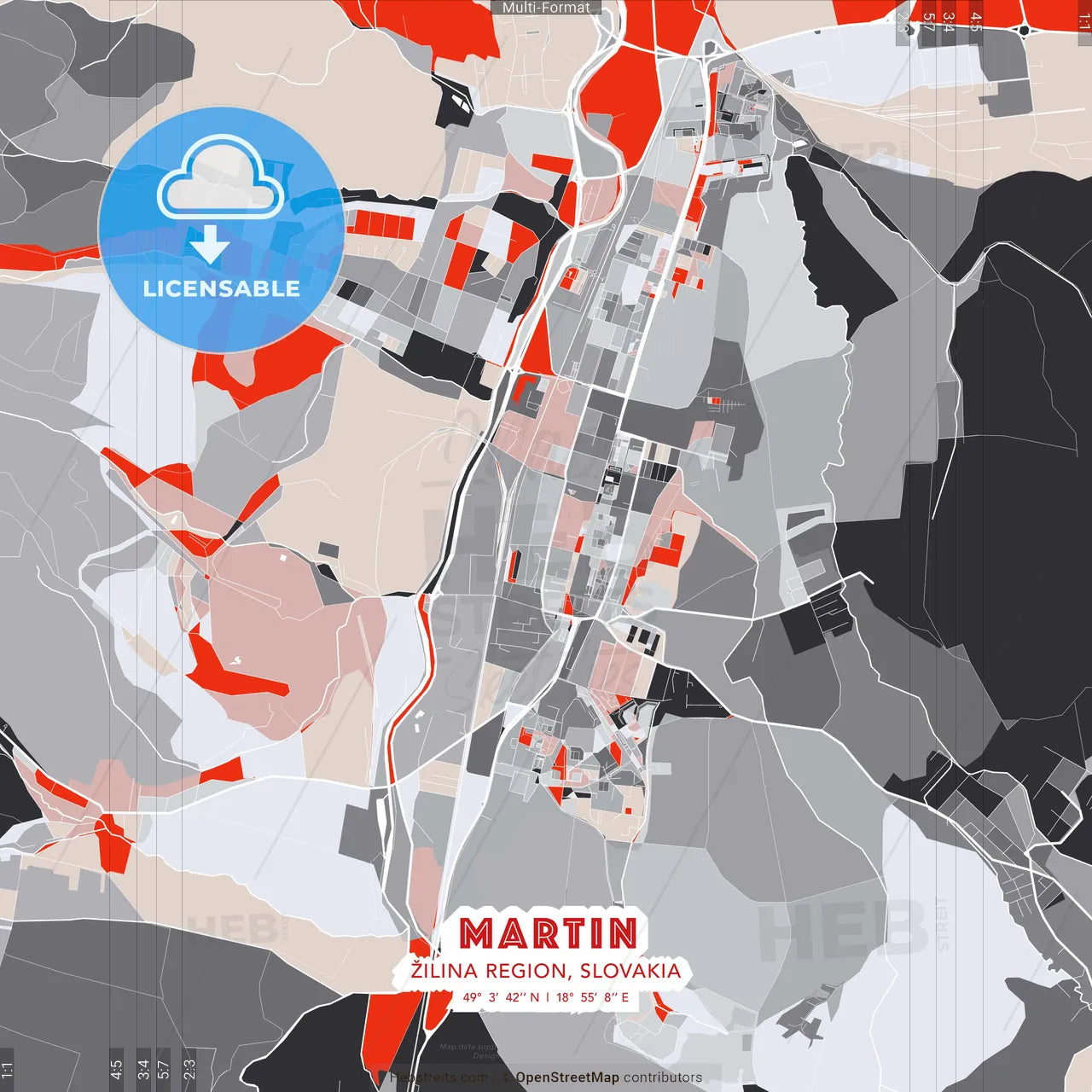 Martin, Žilina Region, Slovakia - modern street map poster template with gray and red tones