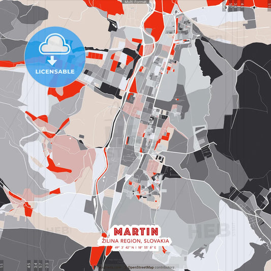 Martin, Žilina Region, Slovakia - modern street map poster template with gray and red tones