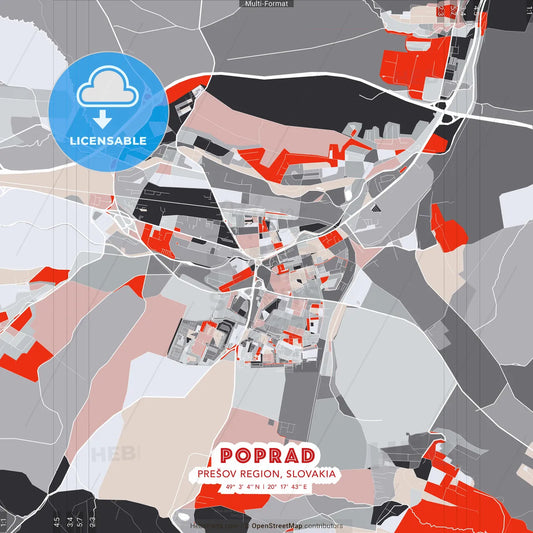 Poprad, Prešov Region, Slovakia - modern street map poster template with gray and red tones