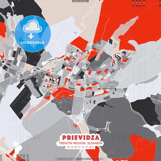 Prievidza, Trenčín Region, Slovakia - modern street map poster template with gray and red tones