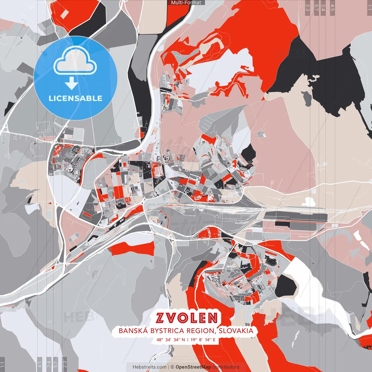 Zvolen, Banská Bystrica Region, Slovakia - modern street map poster template with gray and red tones