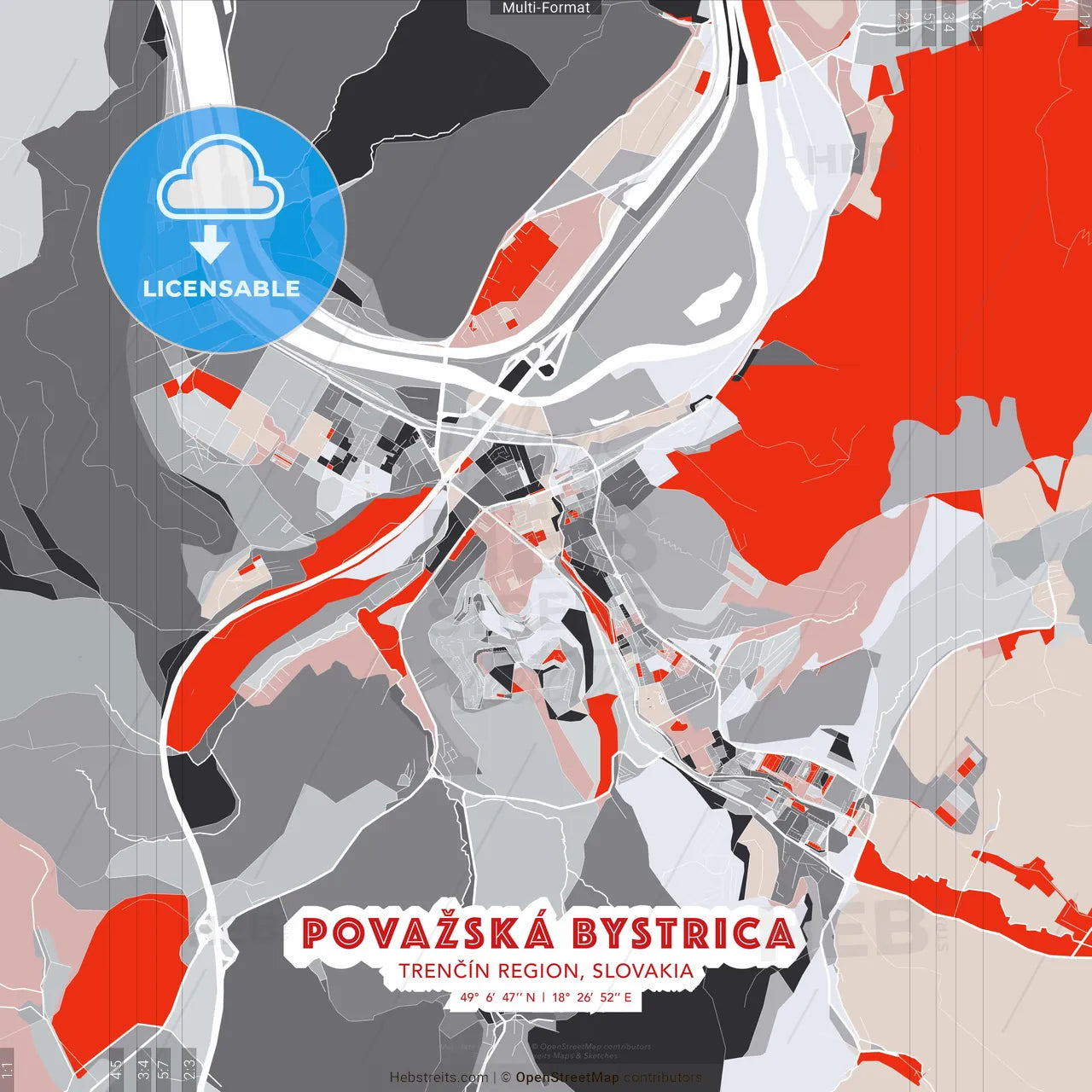 Považská Bystrica, Trenčín Region, Slovakia - modern street map poster template with gray and red tones