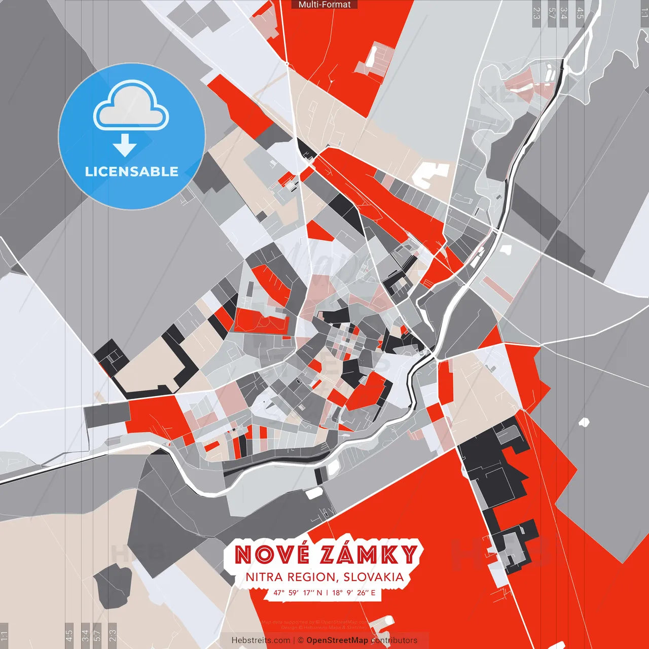 Nové Zámky, Nitra Region, Slovakia - modern street map poster template with gray and red tones