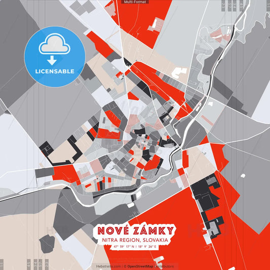 Nové Zámky, Nitra Region, Slovakia - modern street map poster template with gray and red tones
