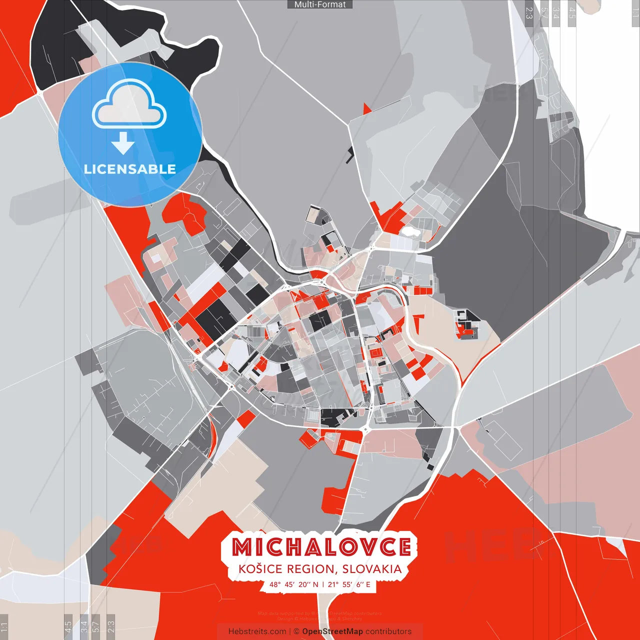 Michalovce, Košice Region, Slovakia - modern street map poster template with gray and red tones