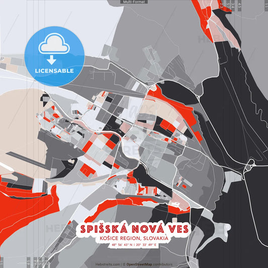Spišská Nová Ves, Košice Region, Slovakia - modern street map poster template with gray and red tones