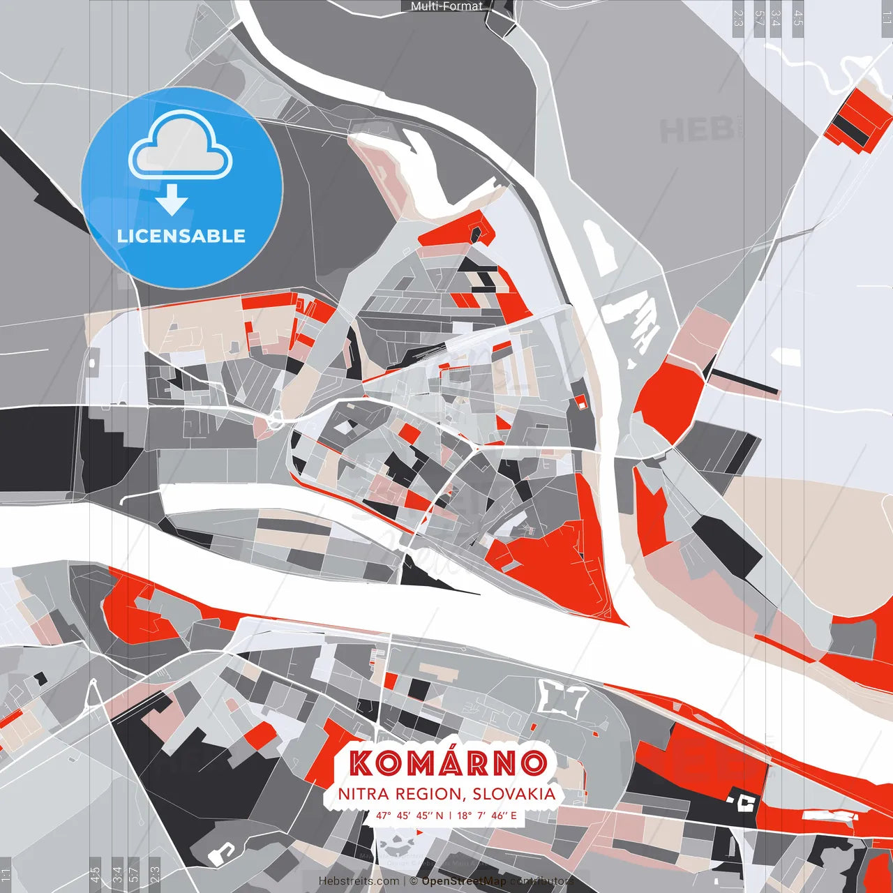 Komárno, Nitra Region, Slovakia - modern street map poster template with gray and red tones