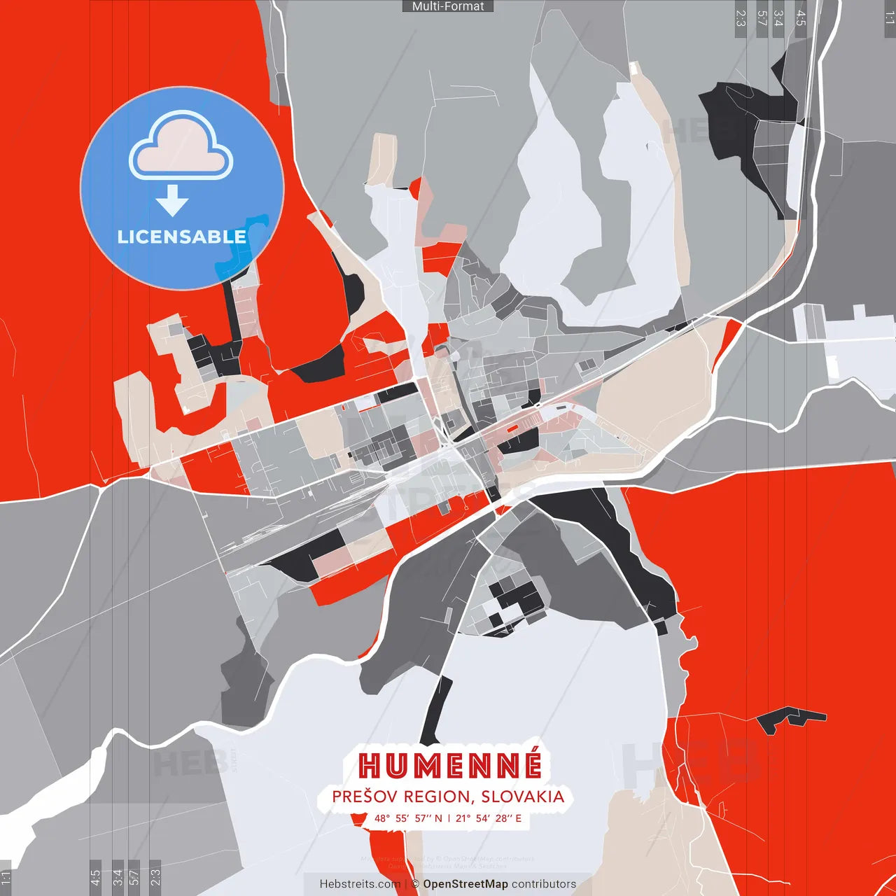 Humenné, Prešov Region, Slovakia - modern street map poster template with gray and red tones