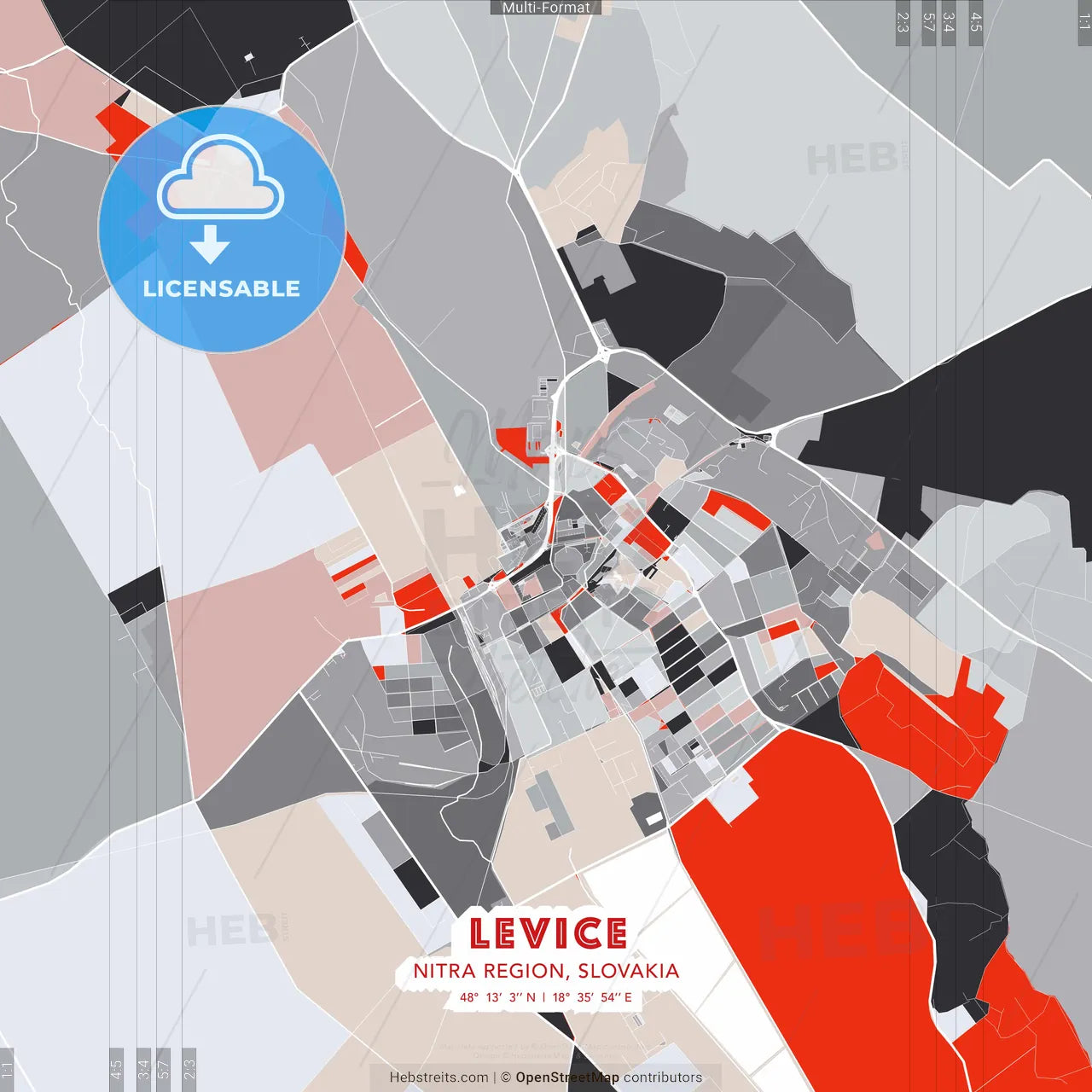 Levice, Nitra Region, Slovakia - modern street map poster template with gray and red tones