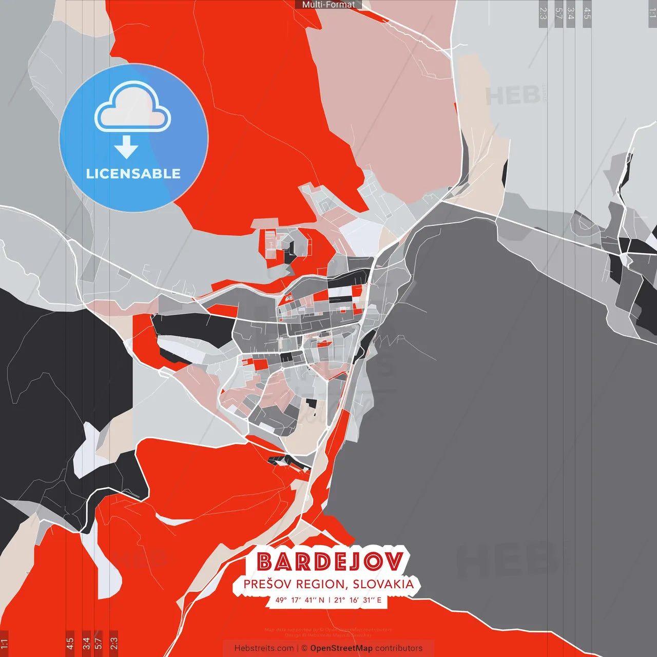 Bardejov, Prešov Region, Slovakia - modern street map poster template with gray and red tones