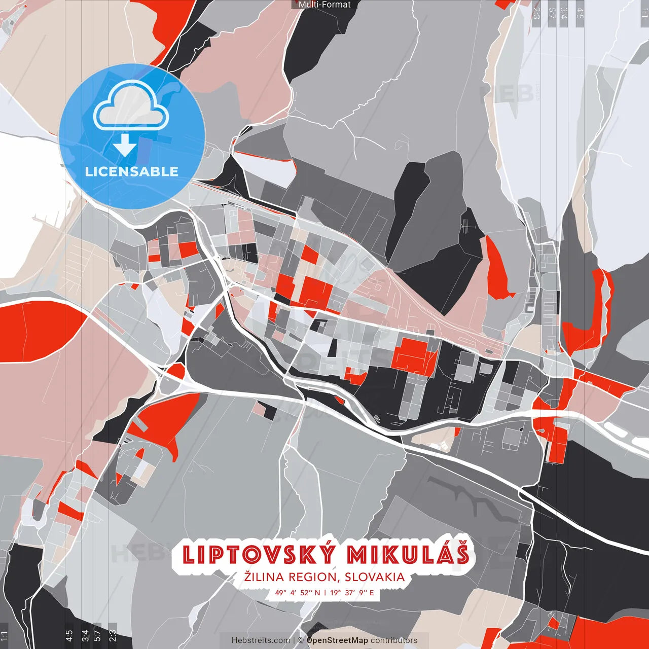 Liptovský Mikuláš, Žilina Region, Slovakia - modern street map poster template with gray and red tones