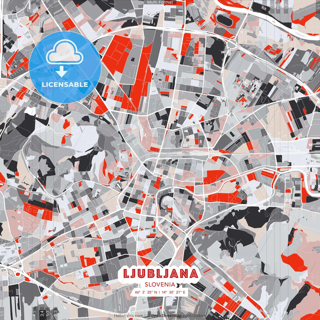 Ljubljana, Slovenia - modern street map poster template with gray and red tones