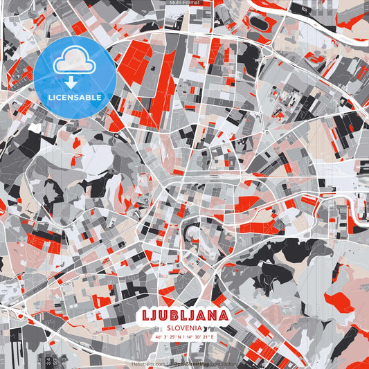 Ljubljana, Slovenia - modern street map poster template with gray and red tones