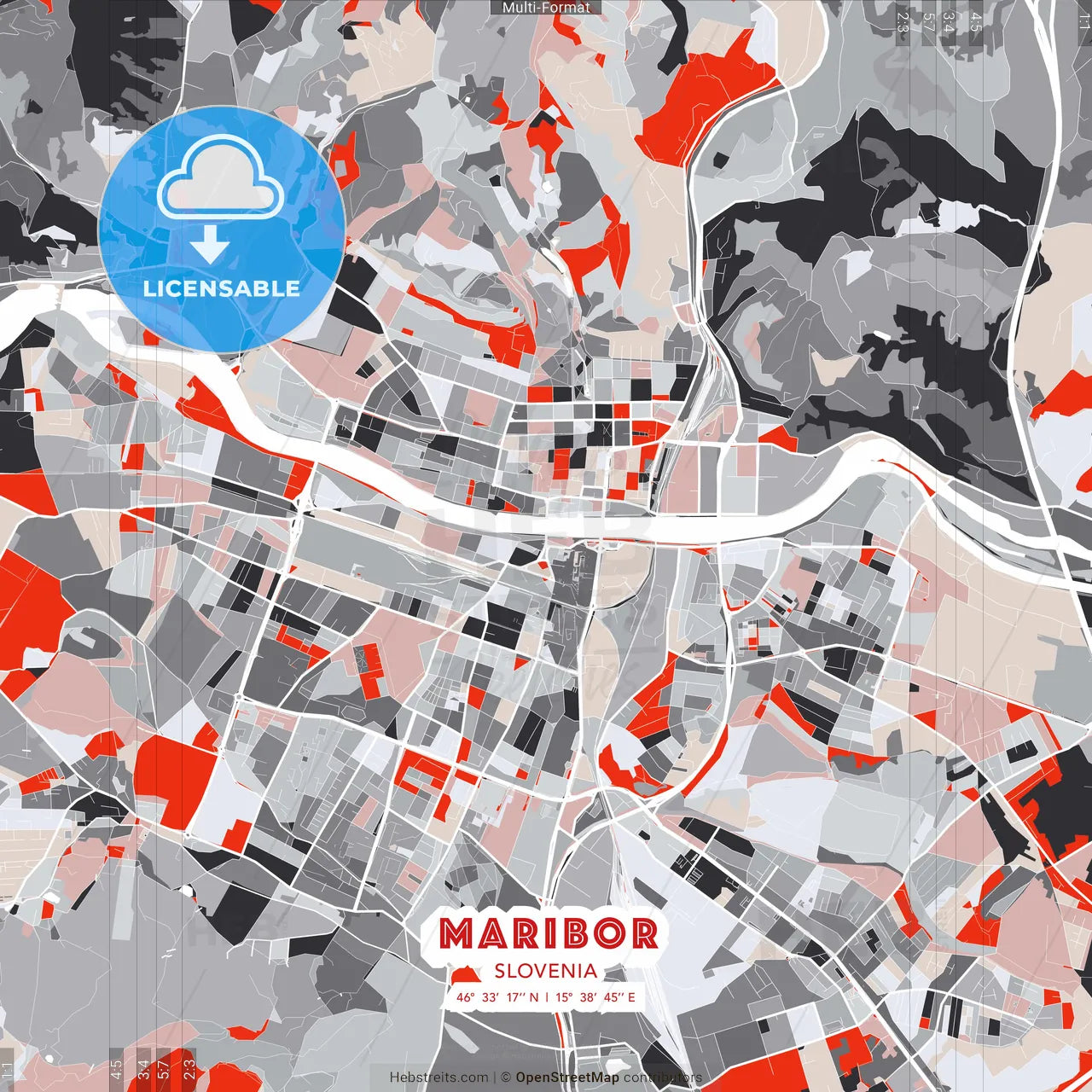 Maribor, Slovenia - modern street map poster template with gray and red tones