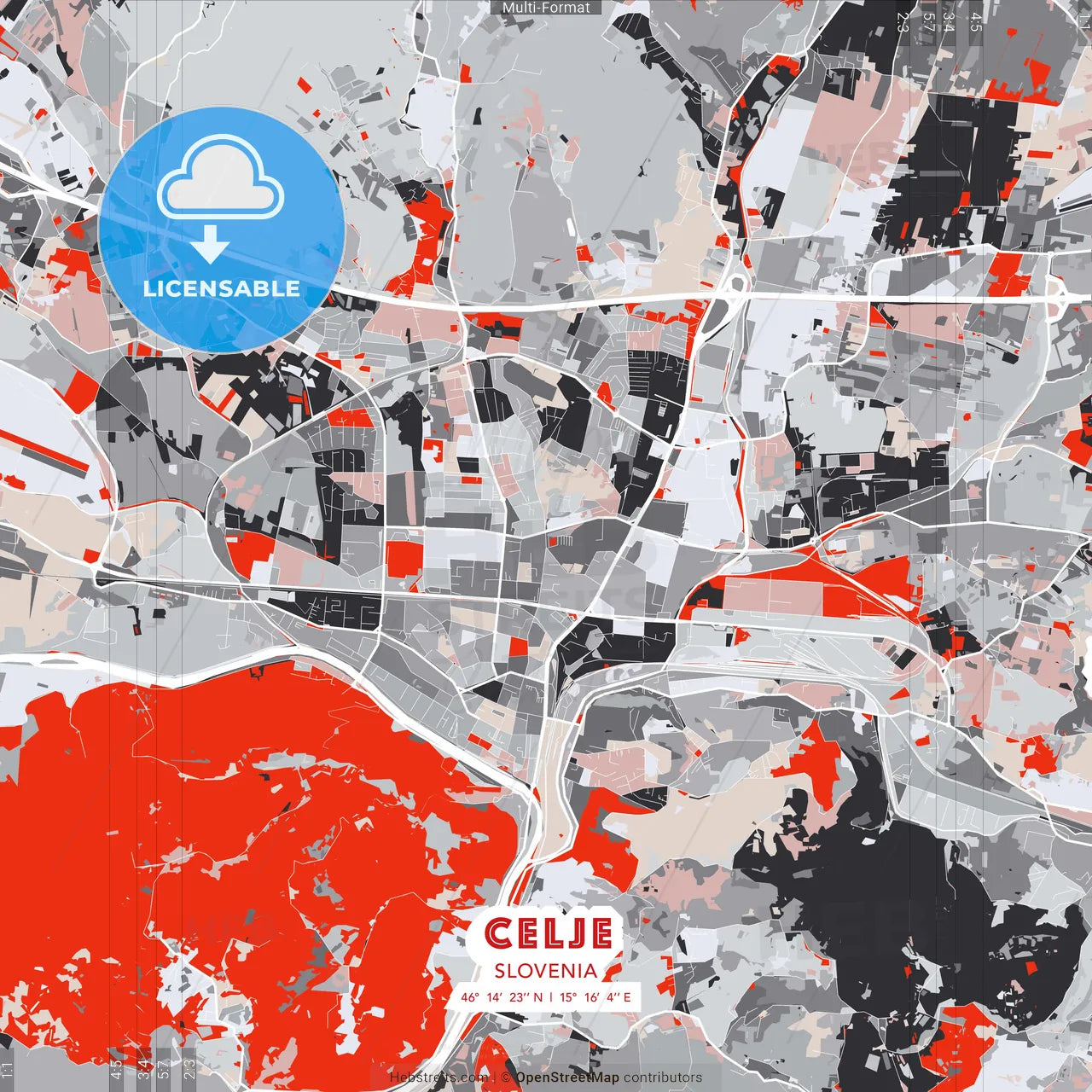 Celje, Slovenia - modern street map poster template with gray and red tones