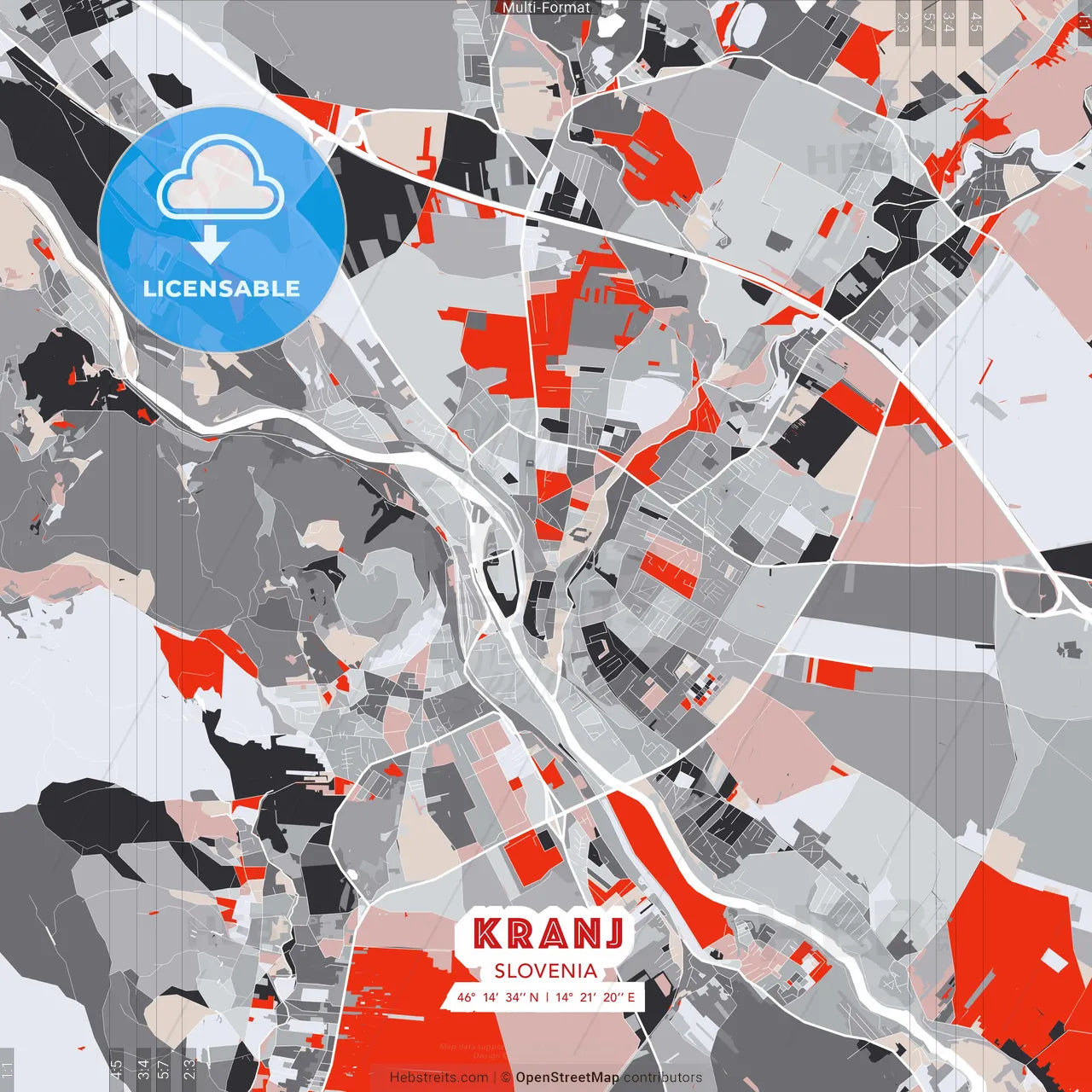 Kranj, Slovenia - modern street map poster template with gray and red tones