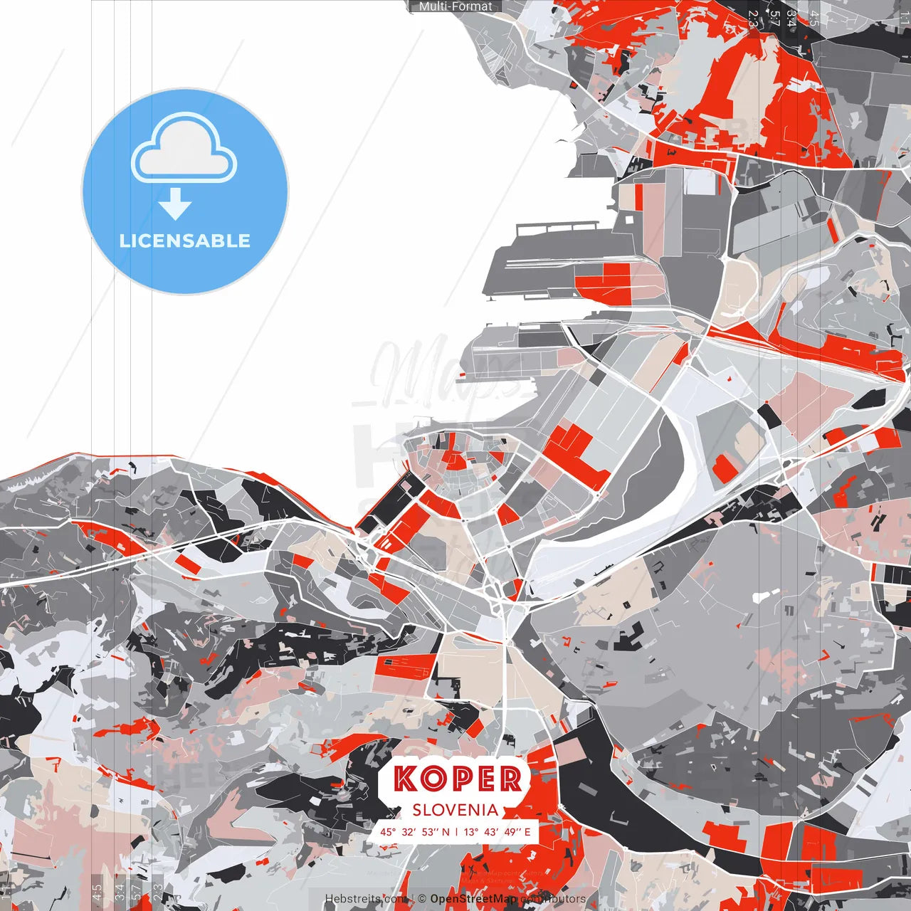 Koper, Slovenia - modern street map poster template with gray and red tones