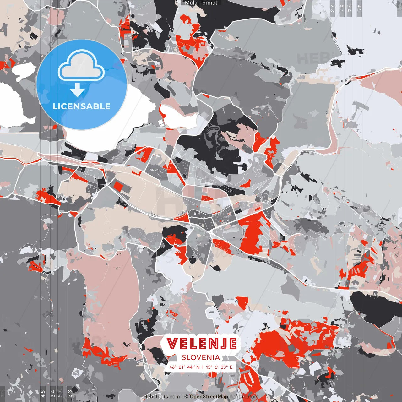Velenje, Slovenia - modern street map poster template with gray and red tones